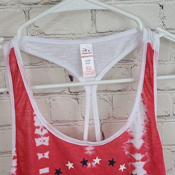 Women's Americana Tie Dye Red White Blue Tee BLESSED Crop Tank Top Lace Fringe - Picture 6 of 8